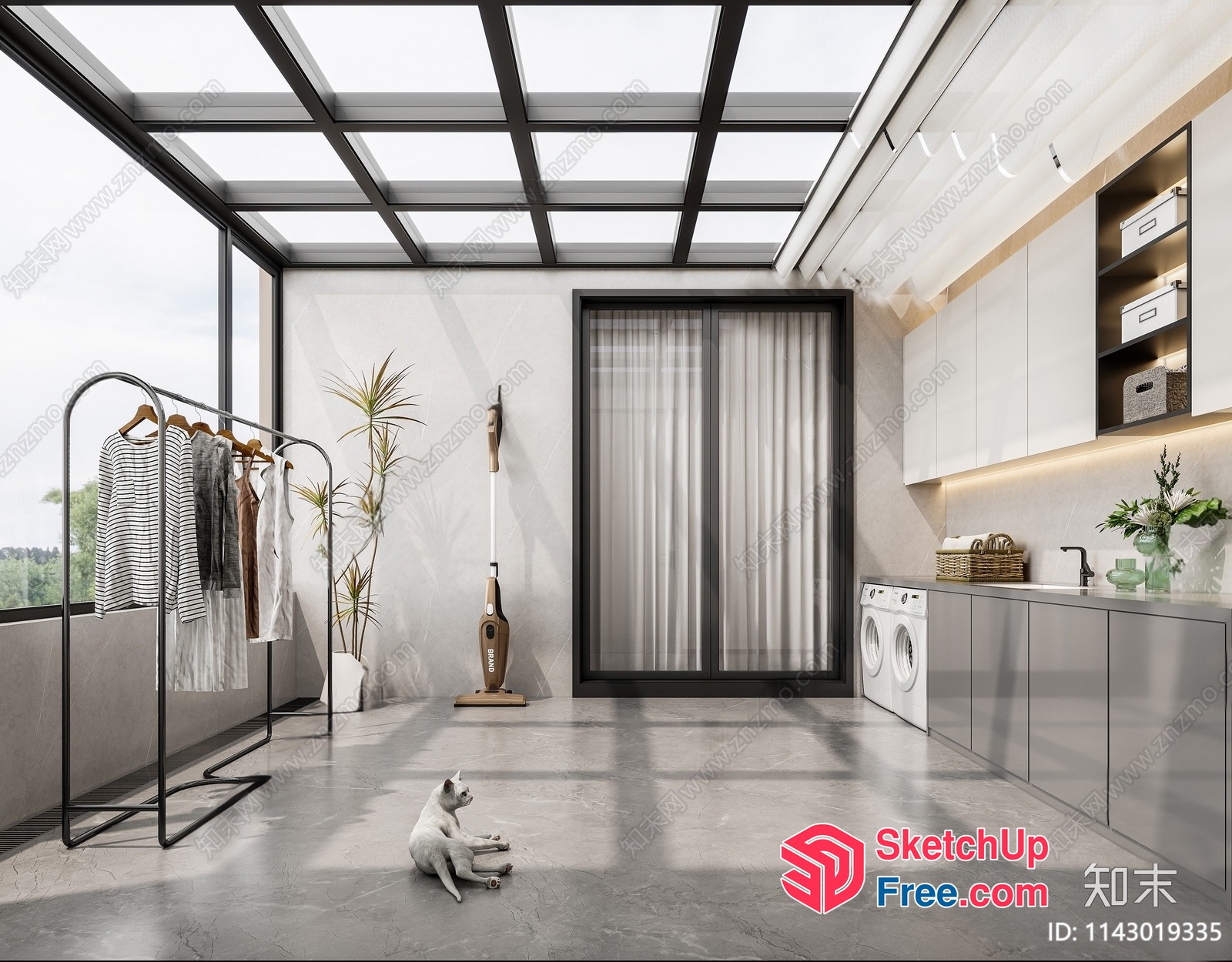 Modern Laundry Room With Glass Ceiling And Large Windows 3D SketchUp File