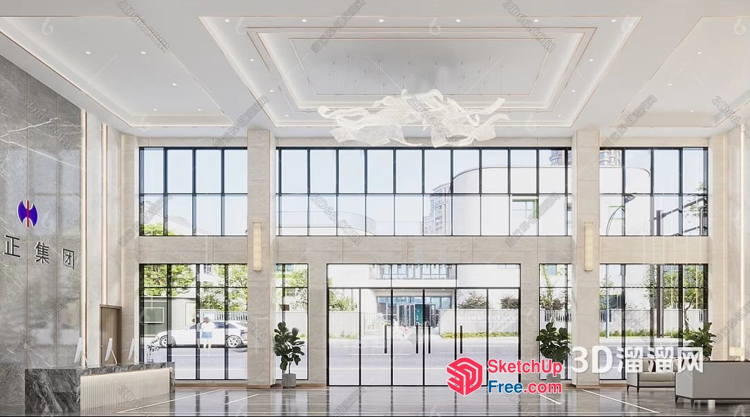 Modern Office Building Entrance With Glass Doors And Windows 3D SketchUp File
