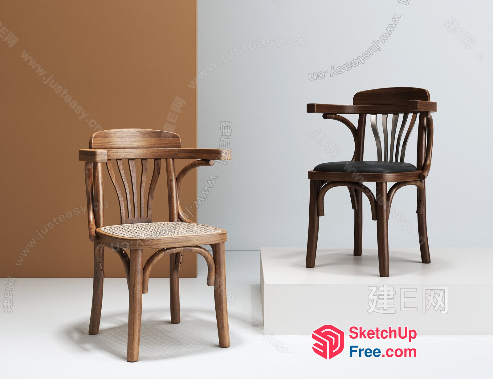 Wooden Chairs With Rattan Seats And Armrests 3D SketchUp File