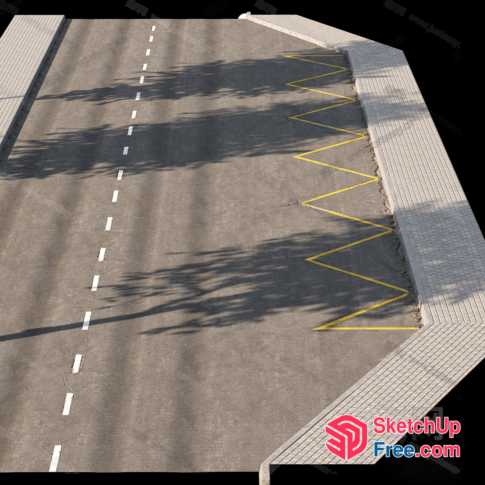 Roadway With White And Yellow Lines And Tree Shadows 3D SketchUp File