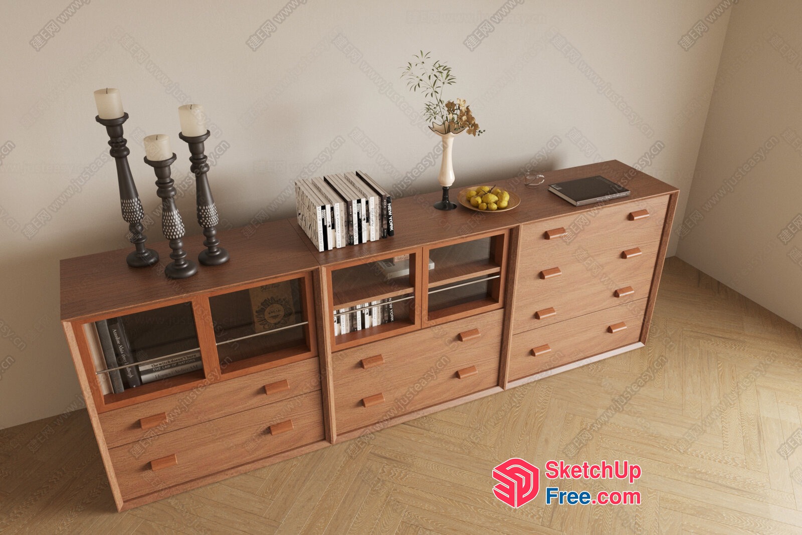 Mid-Century Modern Wooden Bookcase And Storage Unit 3D SketchUp File