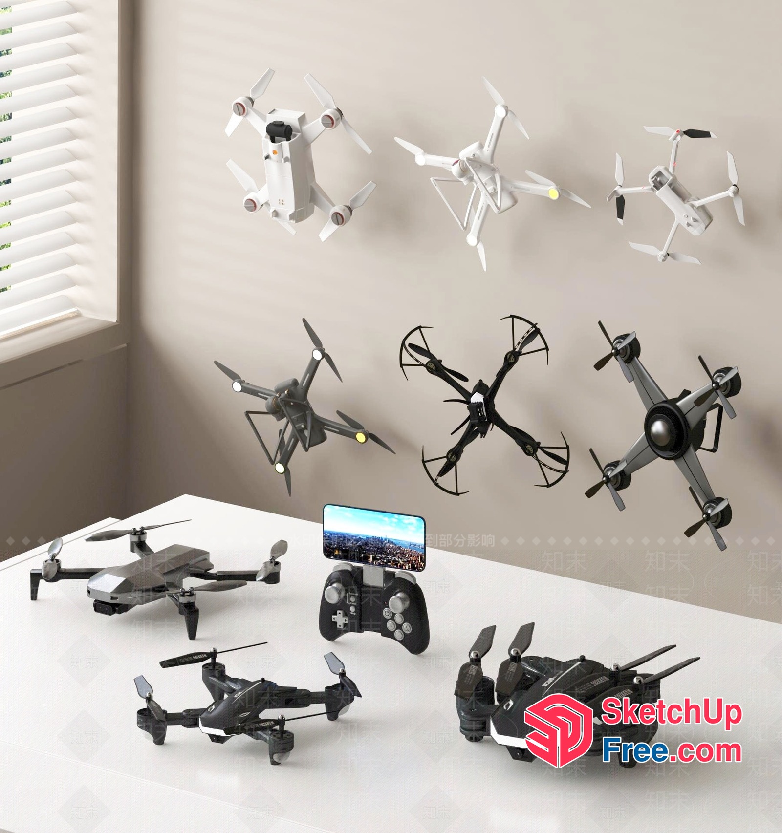 Modern Drones Displayed In A Sleek Interior 3D SketchUp File