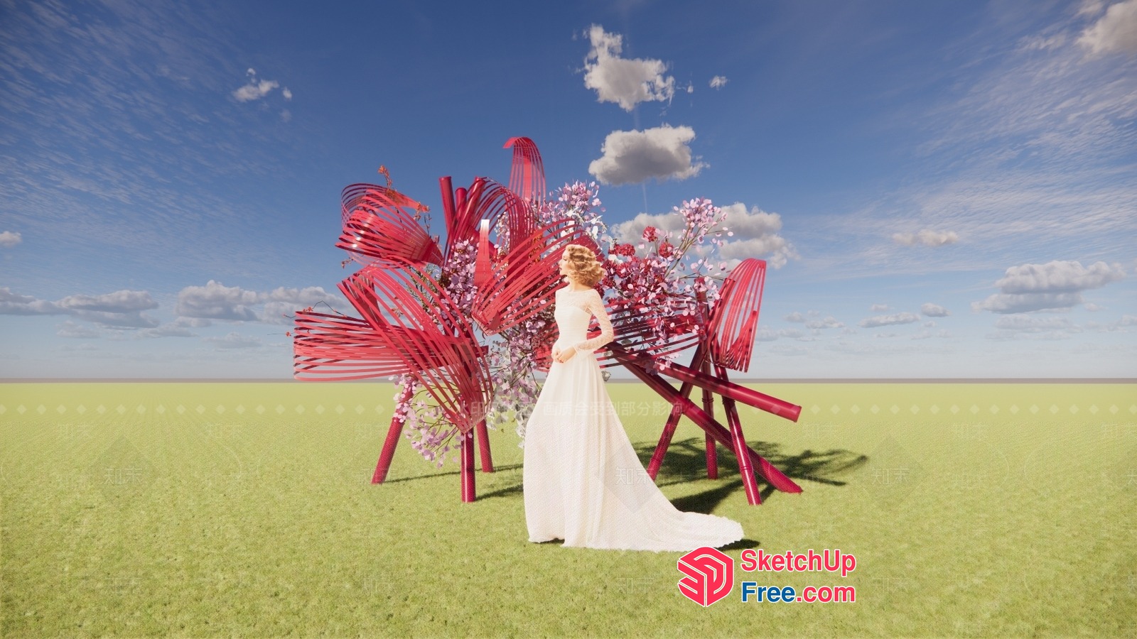 Woman In White Dress Standing In Front Of Red Abstract Sculpture In A Field 3D SketchUp File