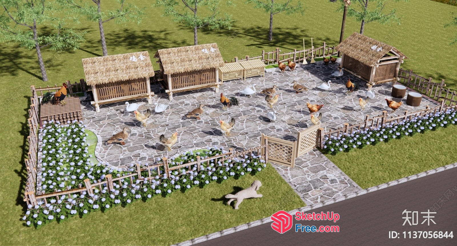 Aerial View Of A Cozy Farm With Chickens And Flowers 3D SketchUp File