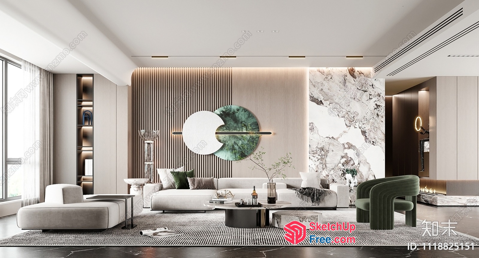 Elegant And Modern Living Room With Marble Accent Wall 3D SketchUp File