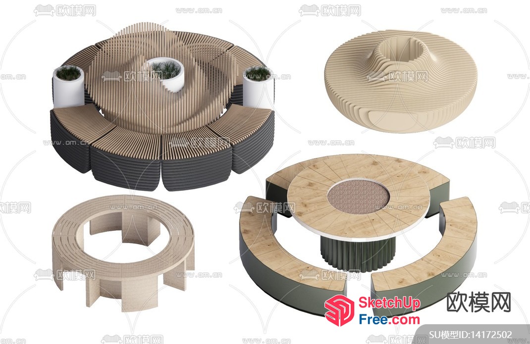 Modern Circular Seating Area With Natural Wood And Plants 3D SketchUp File