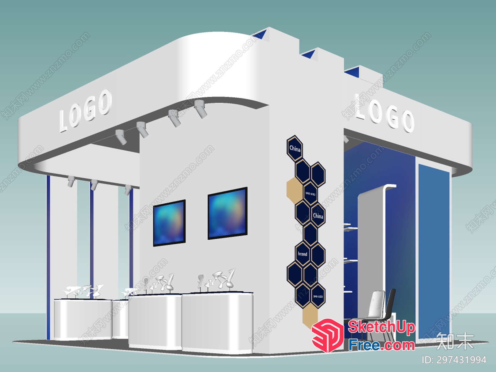 3D Model Of A Modern Exhibition Booth With Blue And White Accents 3D SketchUp File