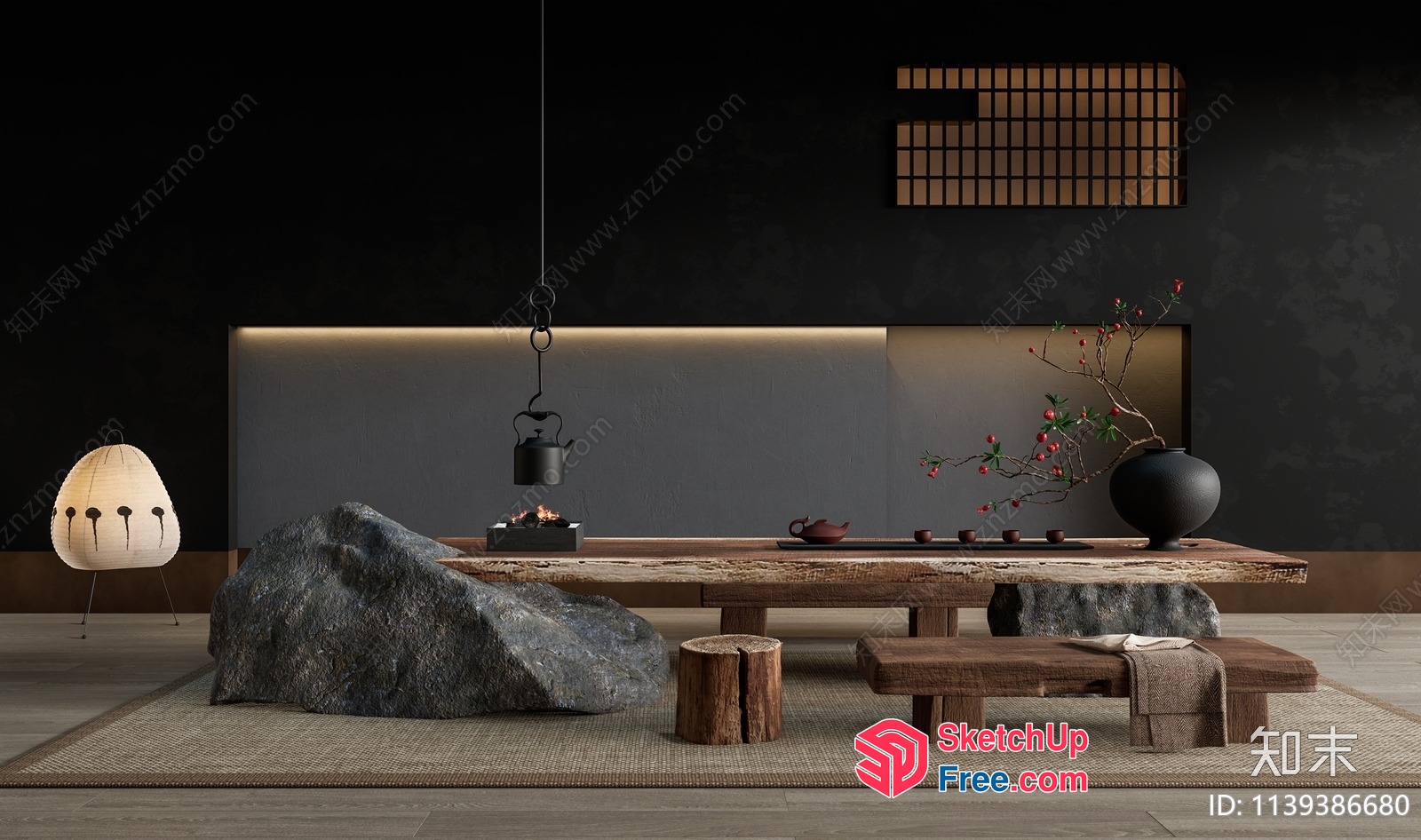 Modern Japanese-Style Living Room With Natural Elements 3D SketchUp File