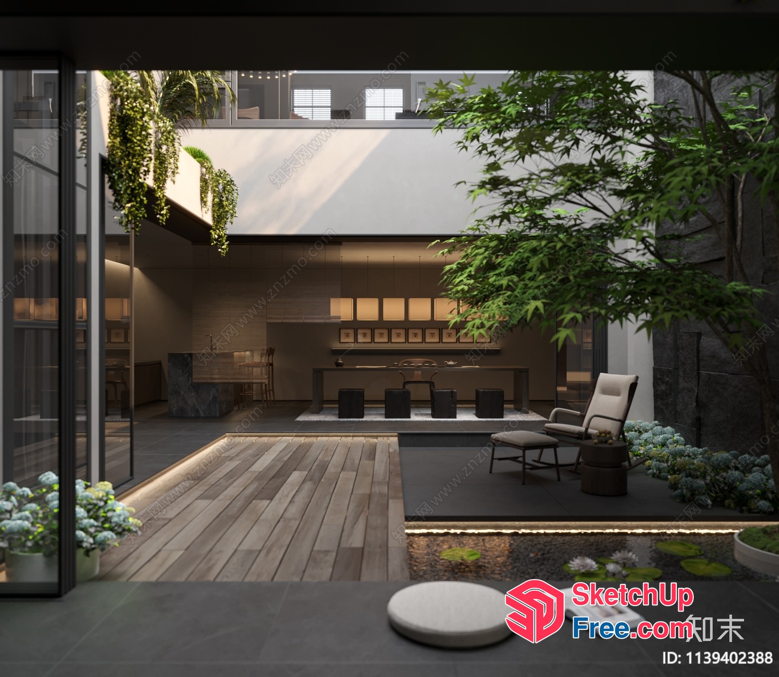 Serene Modern Interior Courtyard With Glass Walls 3D SketchUp File