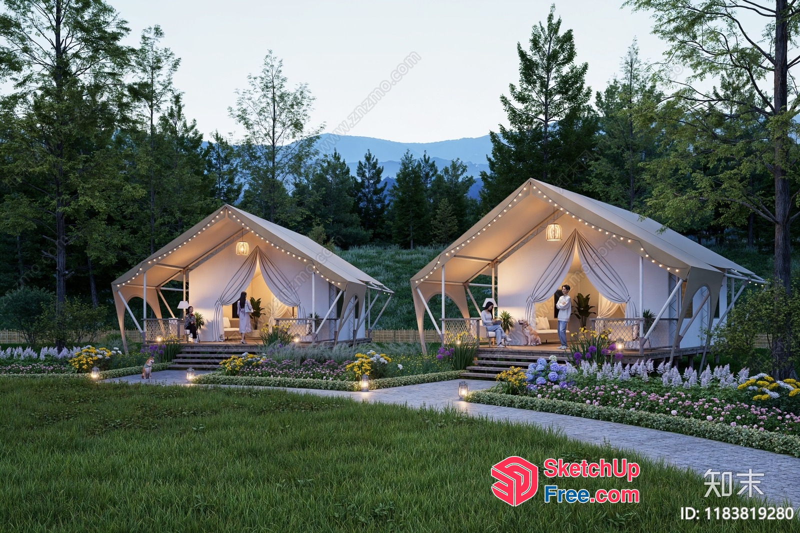 Cozy Modern Glamping Tents In Serene Forest Setting 3D SketchUp File