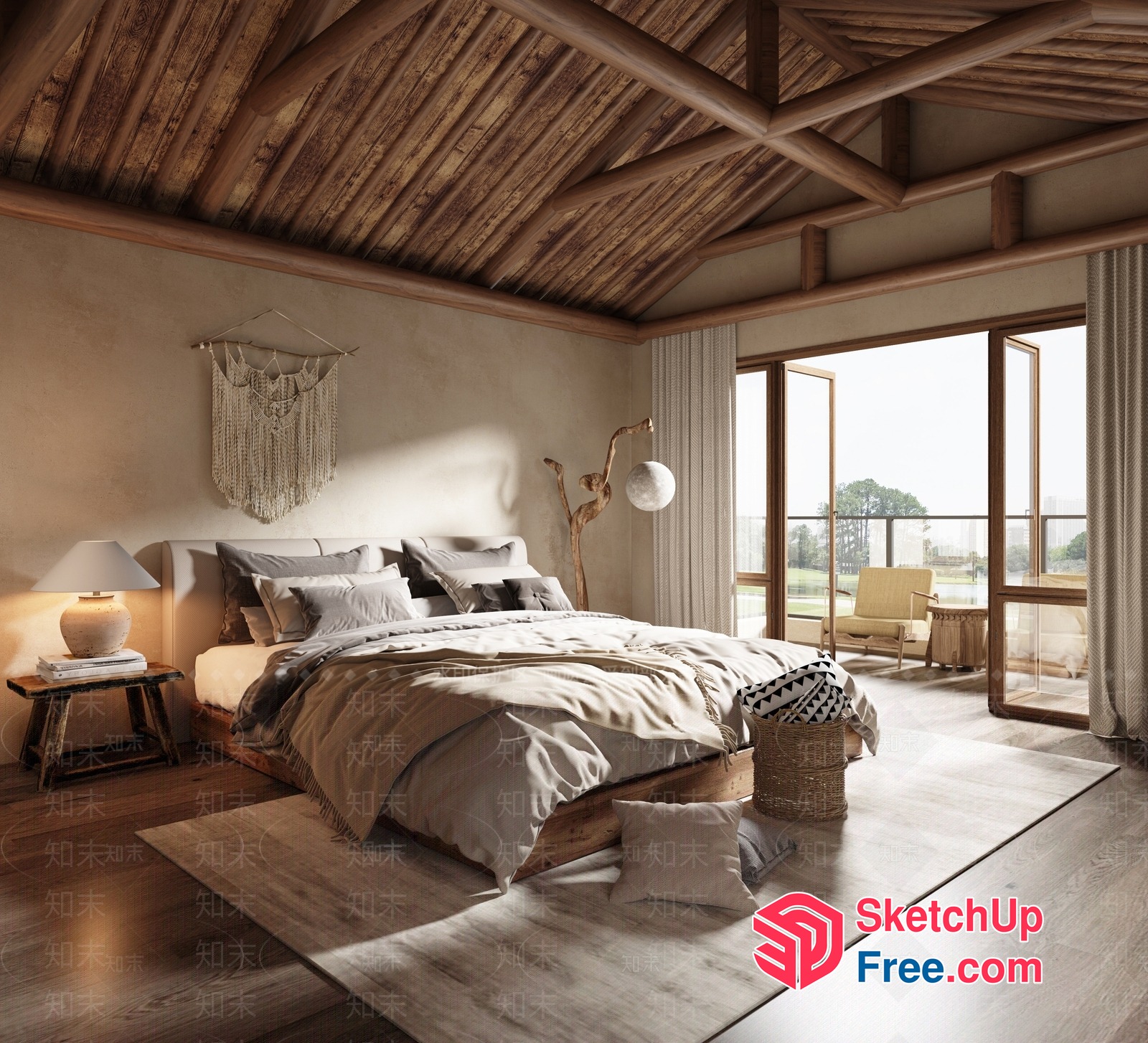 Rustic Natural Wood And Neutral Color Scheme Bed Room 3D SketchUp File
