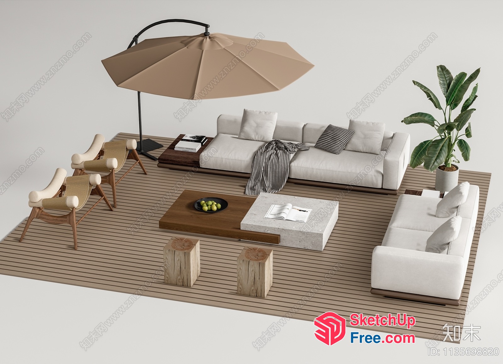 Modern Outdoor Living Space With White Furniture And Beige Umbrella 3D SketchUp File
