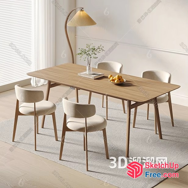 Modern Dining Room With Light Wood Table And Cream Chairs 3D SketchUp File
