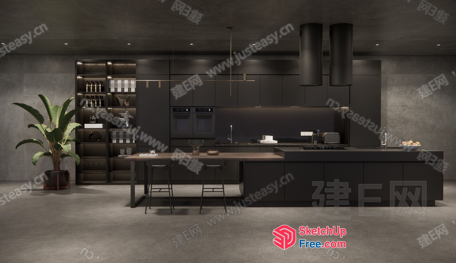 Modern Dark Kitchen With Island And Bar Stools 3D SketchUp File
