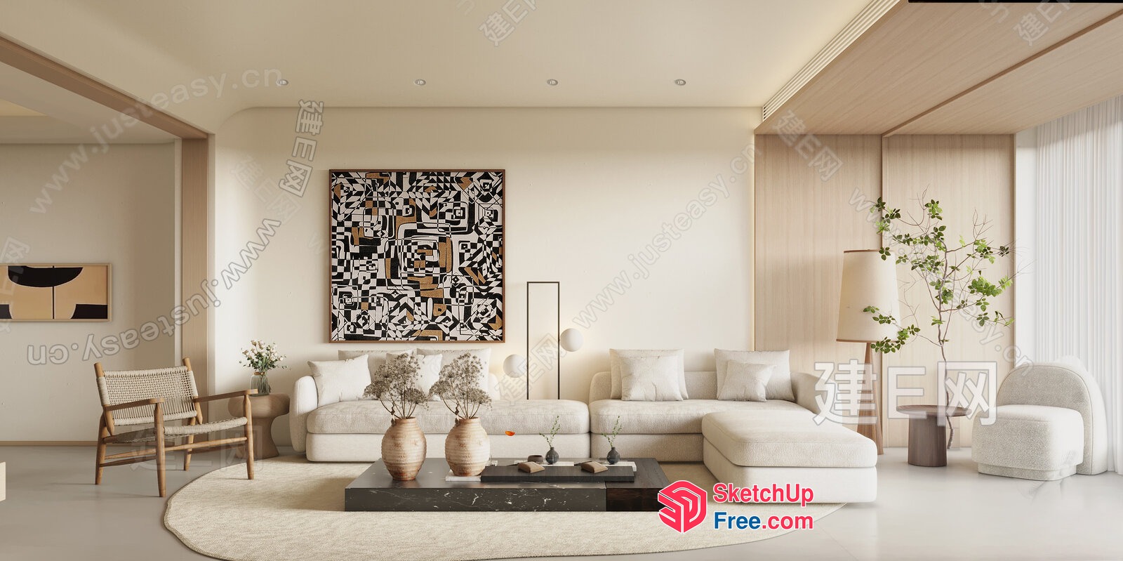Elegant Creamy Style Living Room With White Sofa And Coffee Table 3D SketchUp File