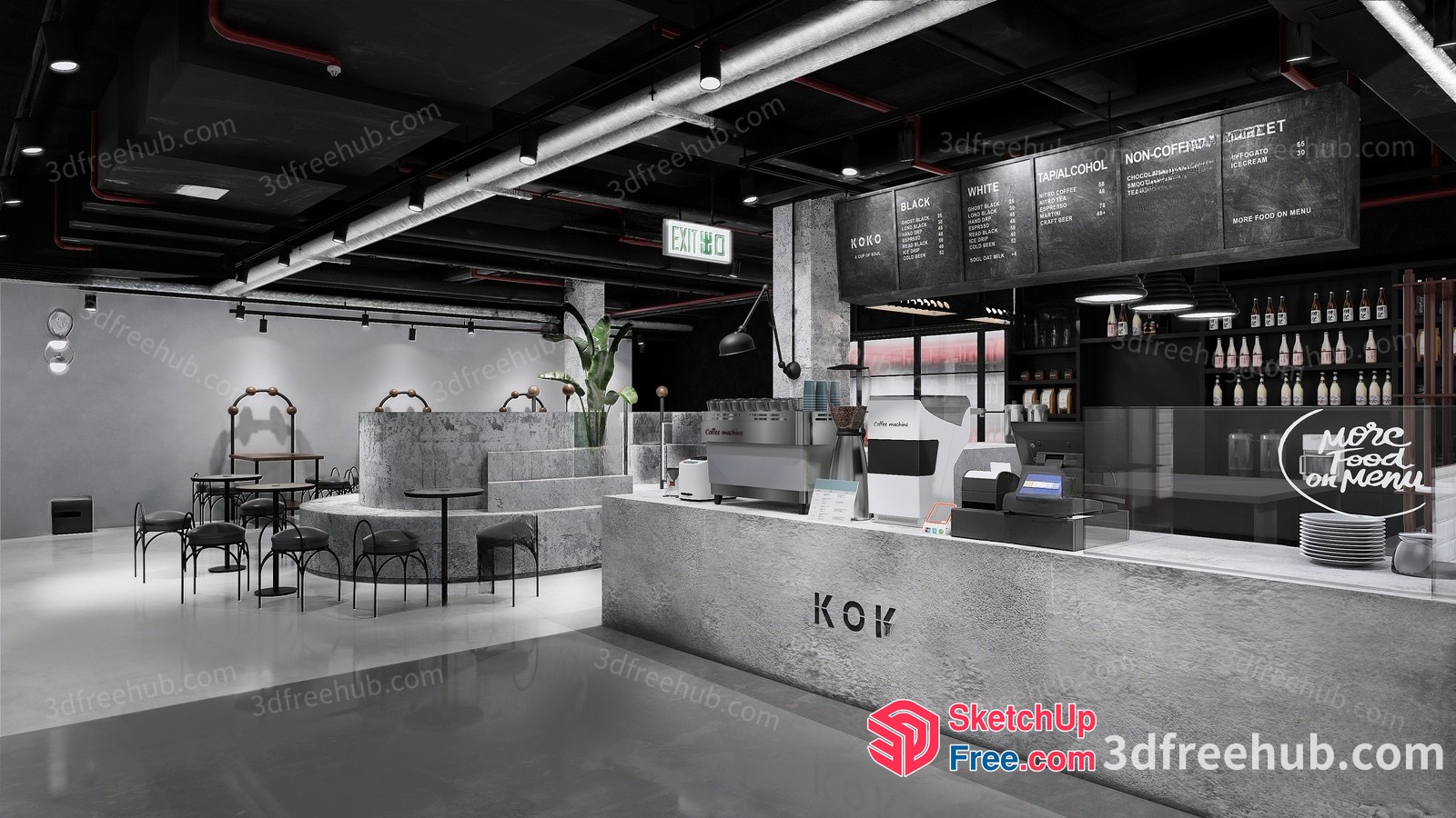 Modern Industrial-Style Coffee Shop Interior 3D SketchUp File