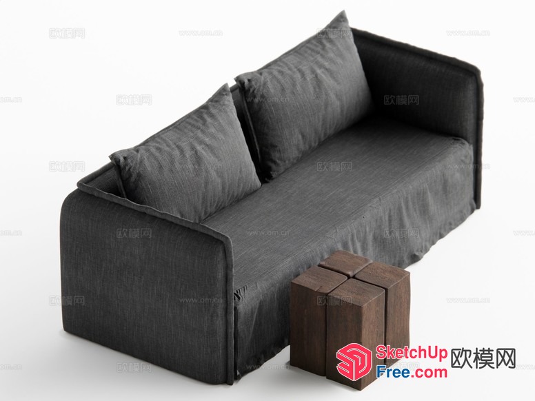 Gray Sofa With Pillows And Wooden Stool 3D SketchUp File