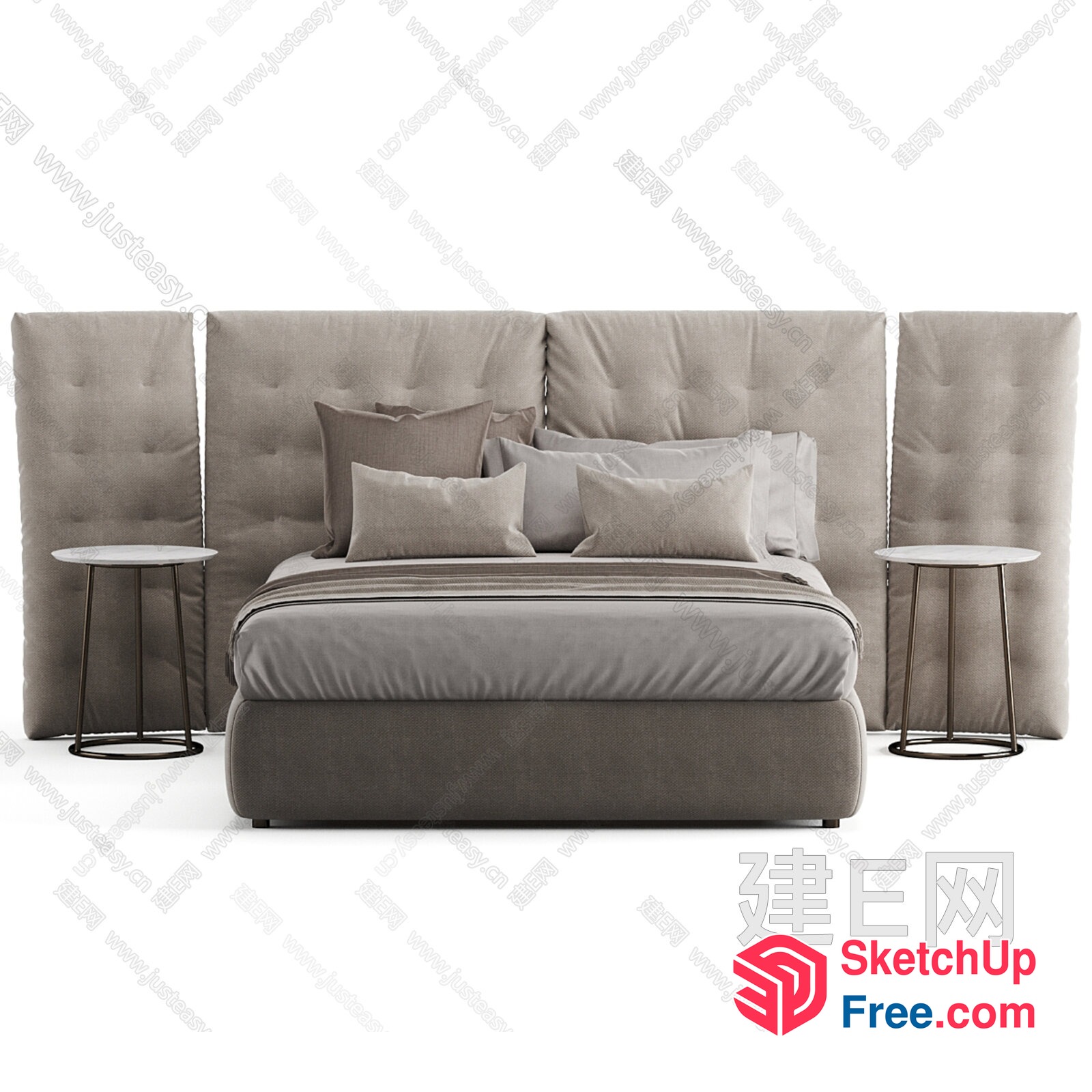 Modern Grey Bed With Tufted Headboard And Matching Side Tables 3D SketchUp File