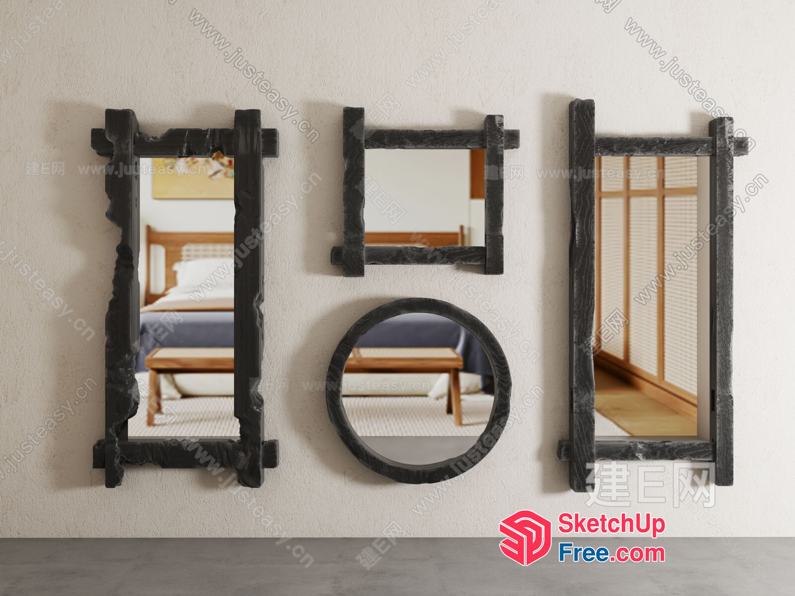 Asian-Inspired Wooden Frame Mirrors 3D SketchUp File