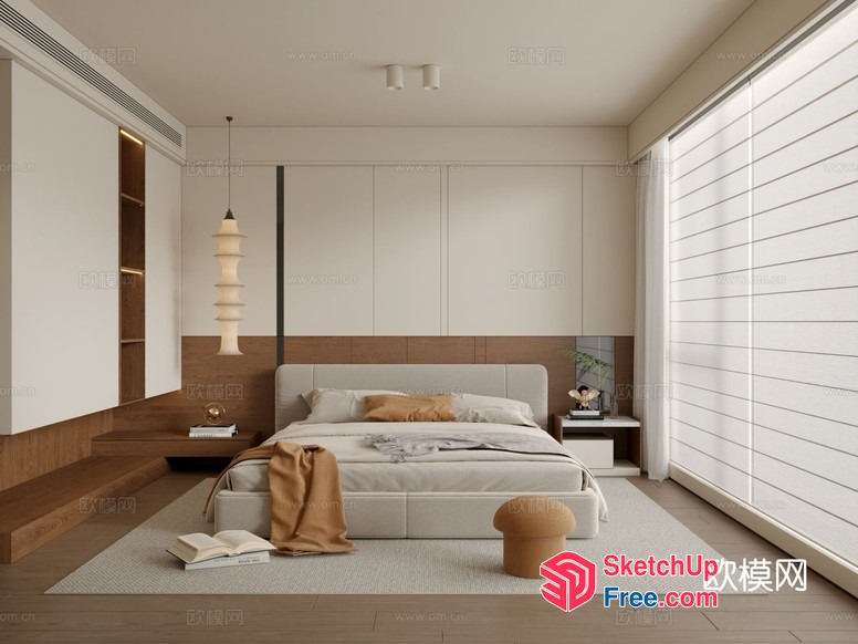 Modern Minimalist Bedroom With Creamy And Wood Tones 3D SketchUp File