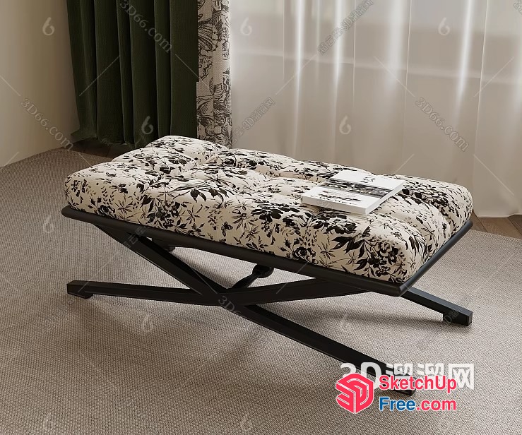 Floral Patterned Footstool In A Neutral-Colored Room 3D SketchUp File