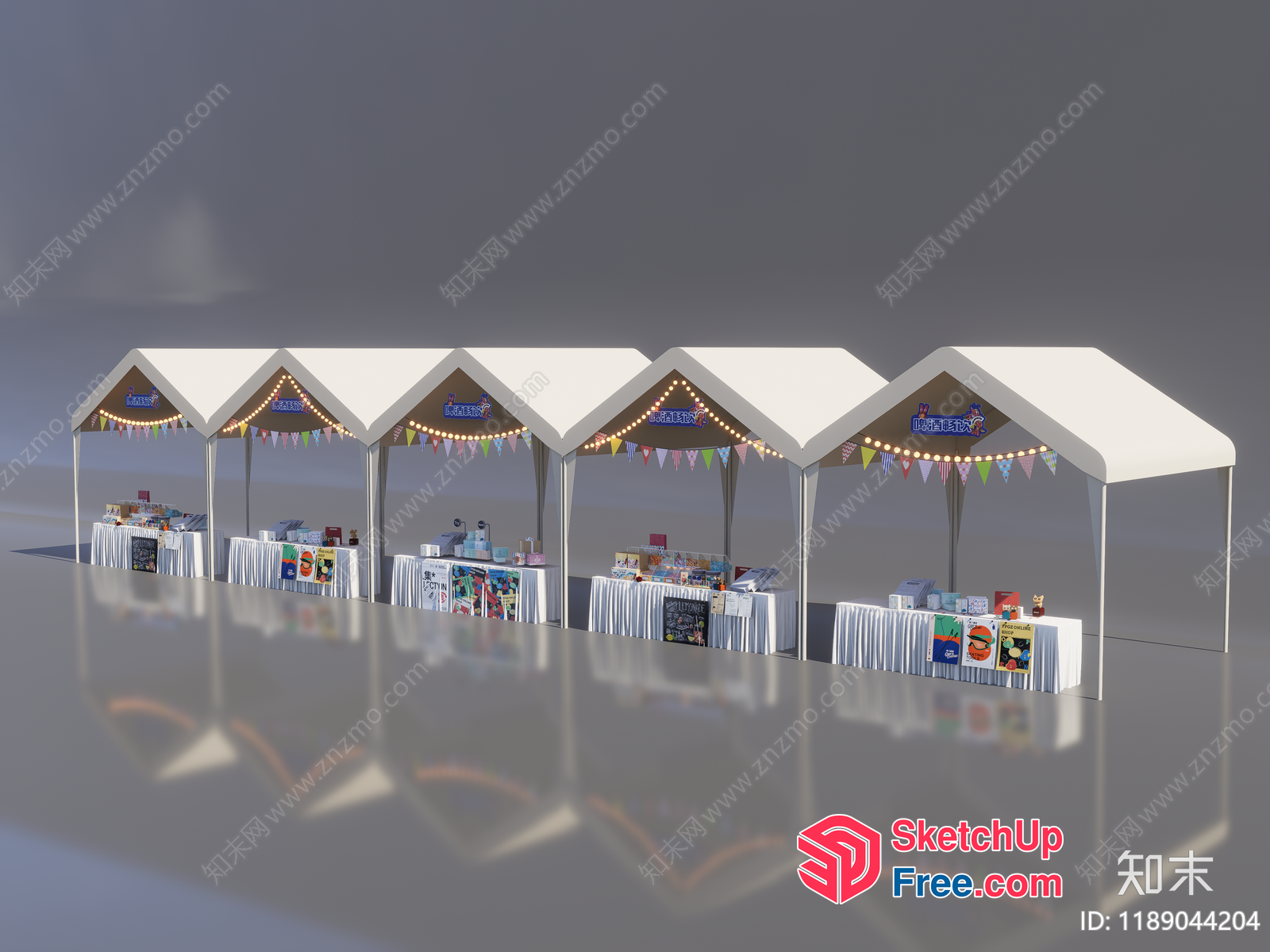 A Series Of White Canopy Tents With Various Tables And Decorations 3D SketchUp File