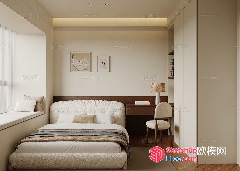 Modern Minimalist Bedroom Design With White And Beige Tones 3D SketchUp File