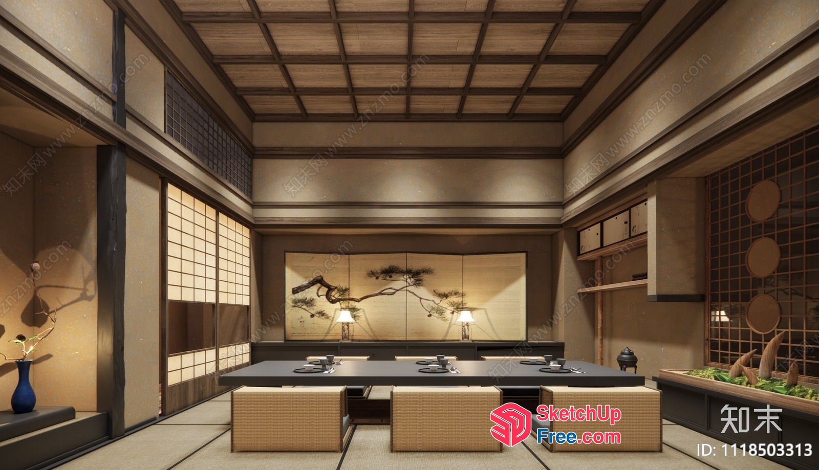 Traditional Japanese Dining Room With Elegant Table And Chairs 3D SketchUp File
