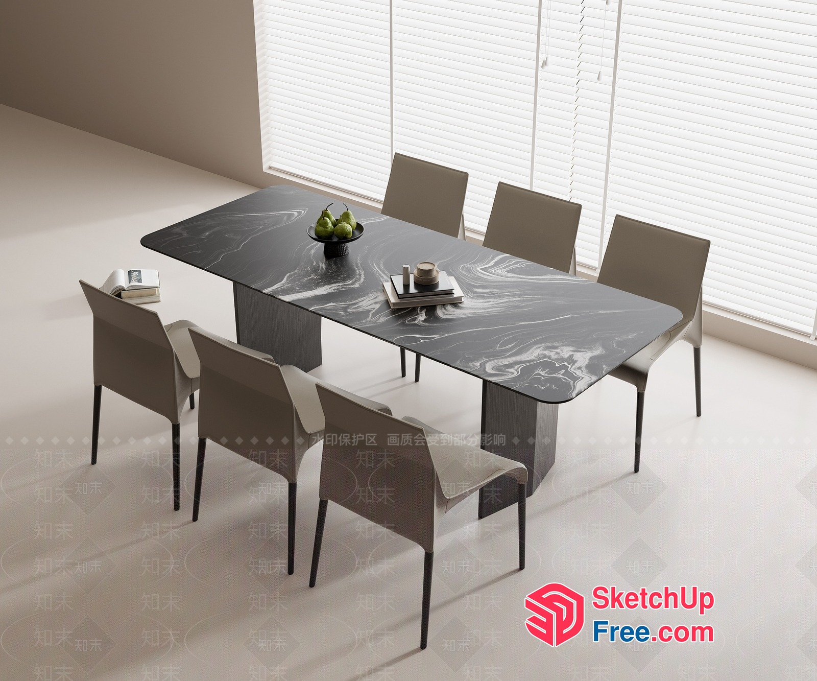 Modern Dining Room With Black Marble Table And Gray Chairs 3D SketchUp File