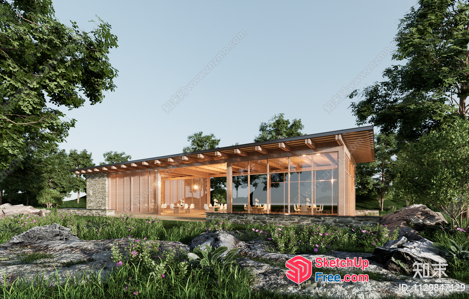 Modern Glass House With A Sleek Roof And Natural Surroundings 3D SketchUp File
