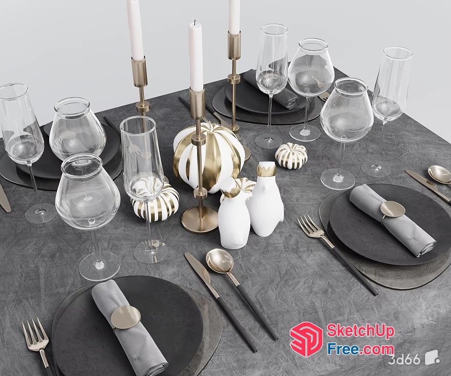 Elegant Autumn Table Setting With Black And White Accents 3D SketchUp File