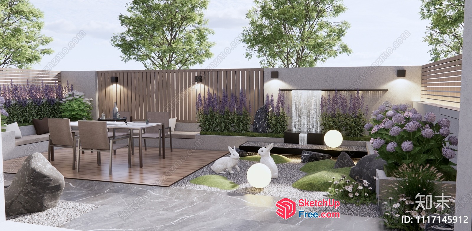 Modern Japanese-Inspired Outdoor Space With Water Feature And Rabbits 3D SketchUp File