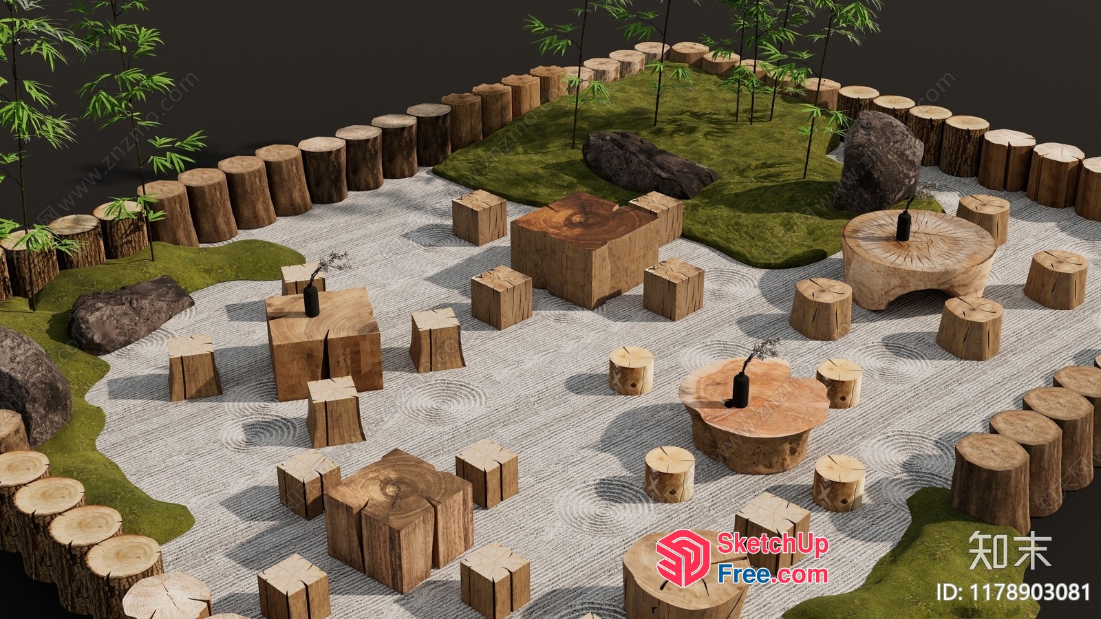 Japanese-Style Outdoor Seating Area With Natural Elements 3D SketchUp File