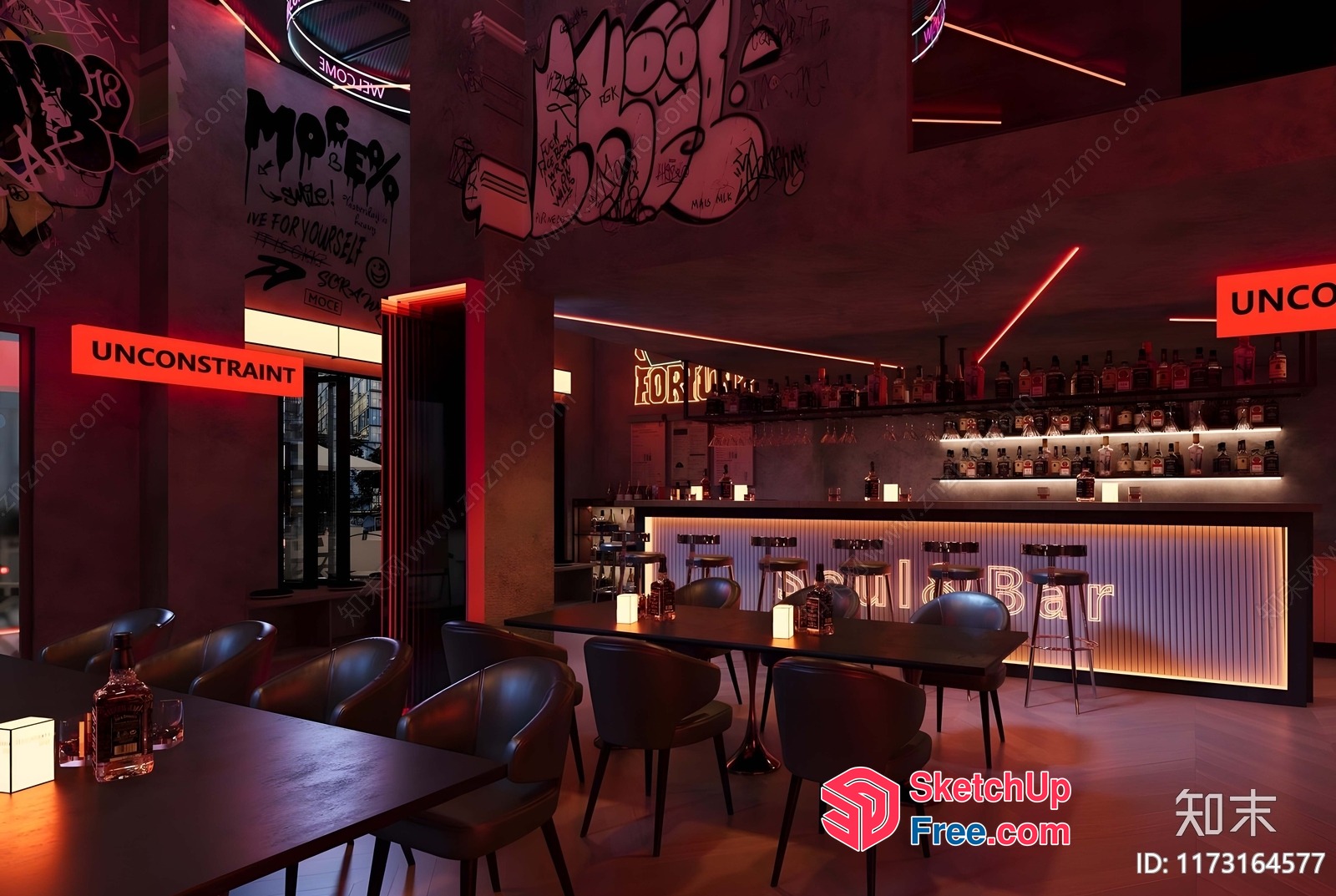 A Stylish And Modern Bar Interior With Neon Lights 3D SketchUp File