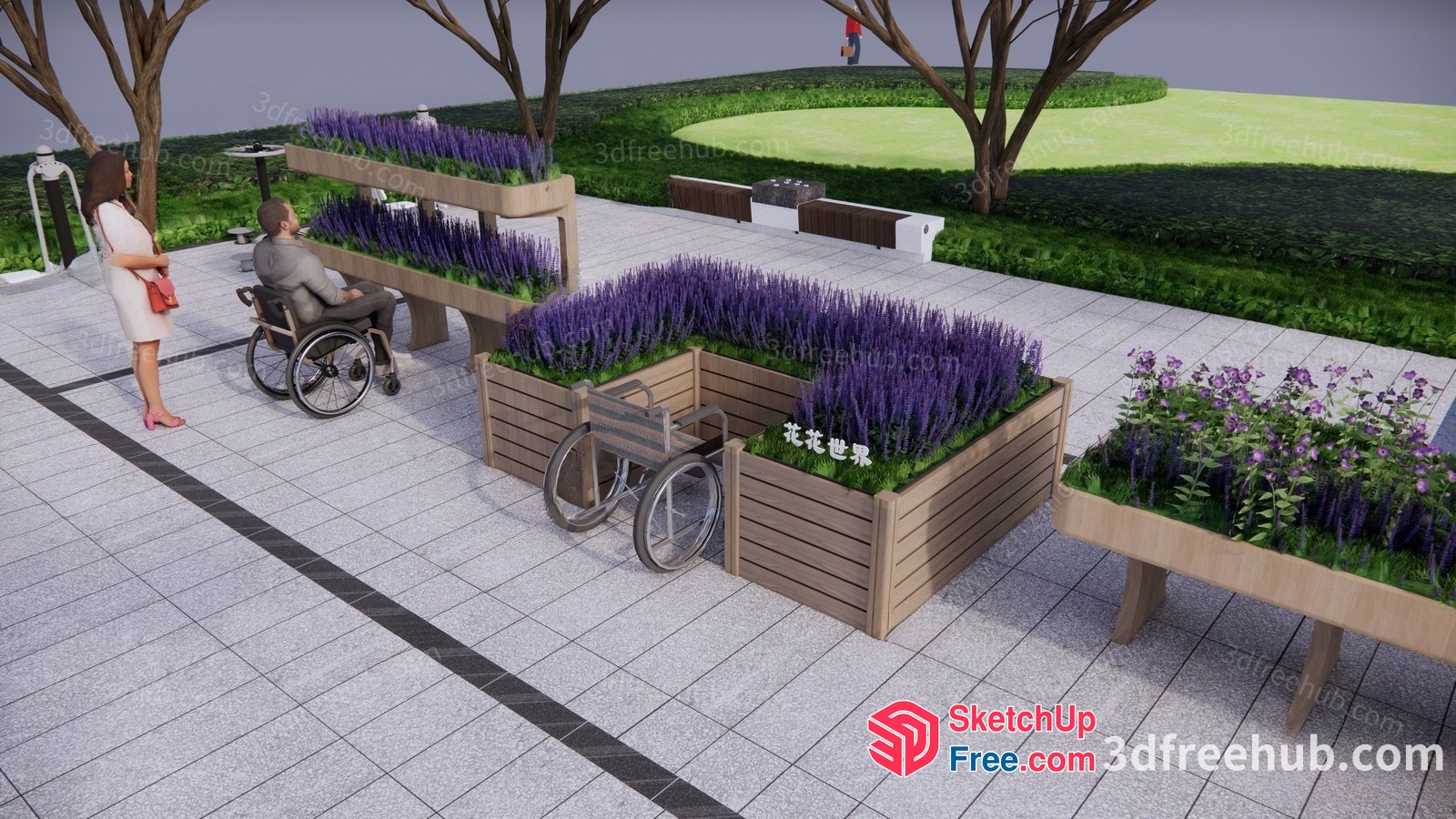 People Using Wheelchairs In A Serene Outdoor Garden 3D SketchUp File
