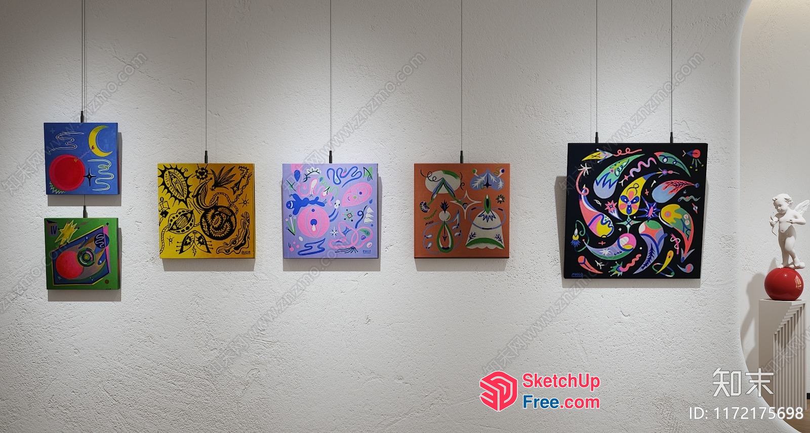 Colorful Abstract Art Pieces On A White Wall 3D SketchUp File