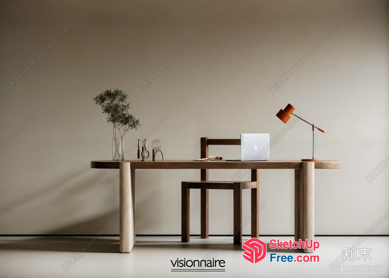 Minimalist Office Interior With Wooden Desk And Laptop 3D SketchUp File