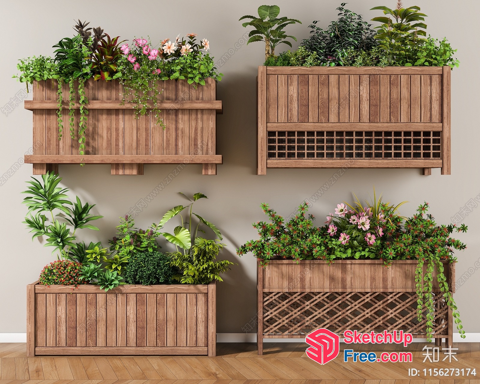 Modern Wooden Planters With Various Plants And Flowers 3D SketchUp File