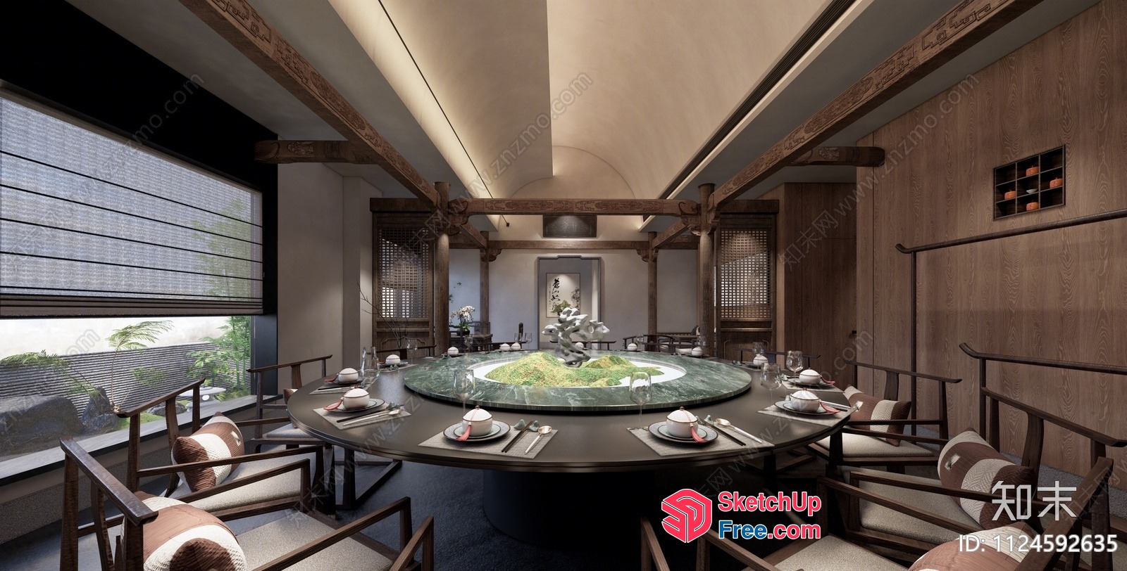 Traditional Asian-Inspired Dining Room With Ornate Table Centerpiece 3D SketchUp File