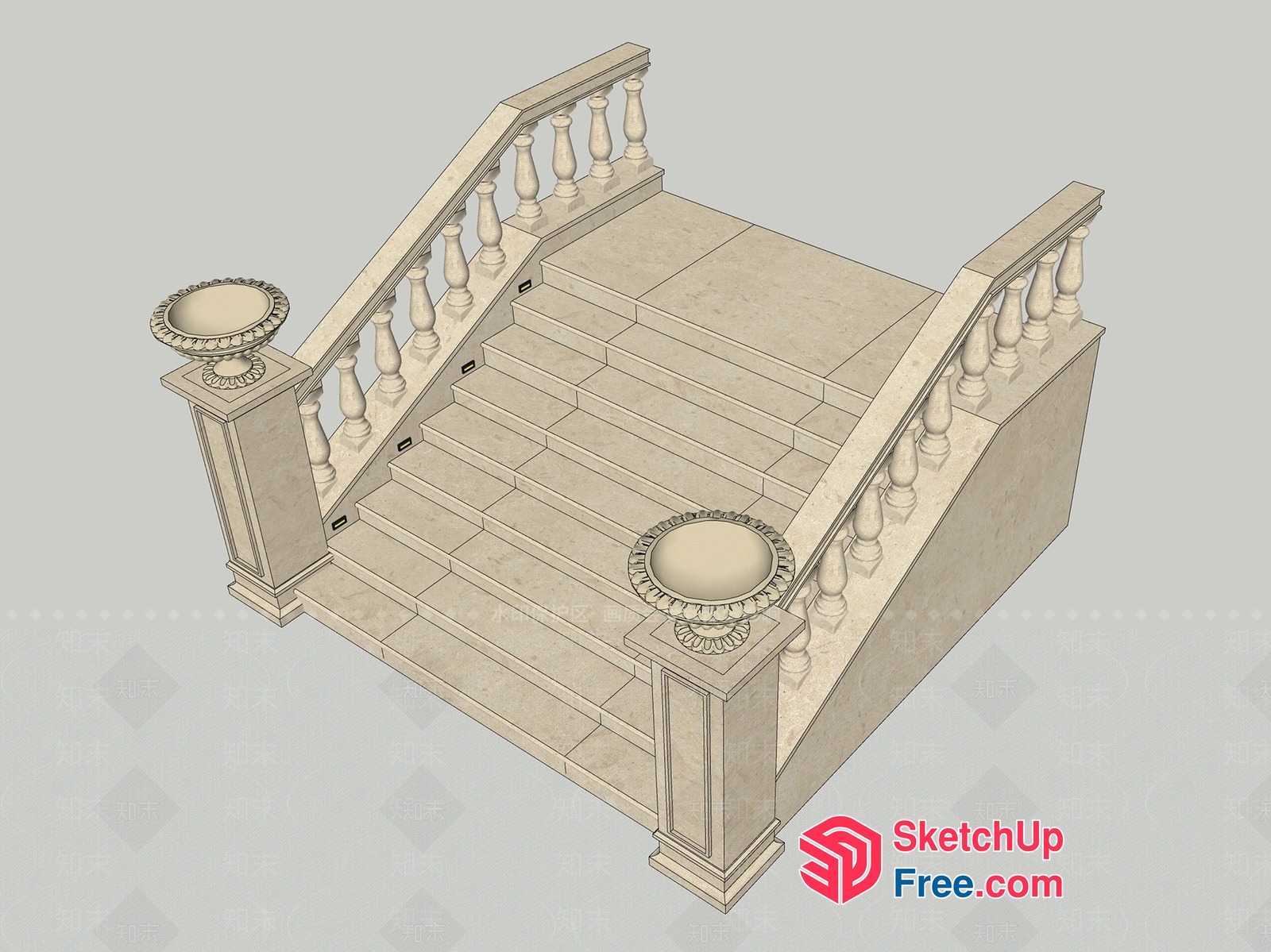Elegant Stone Staircase With Ornate Railings 3D SketchUp File