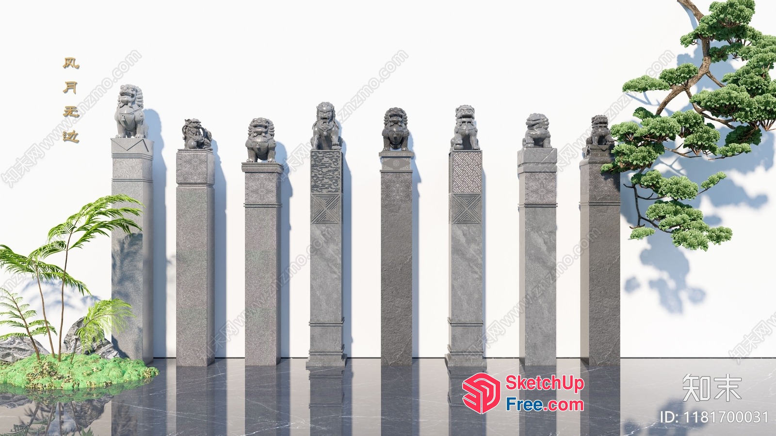 Eight Stone Pillars With Carved Lion Heads 3D SketchUp File