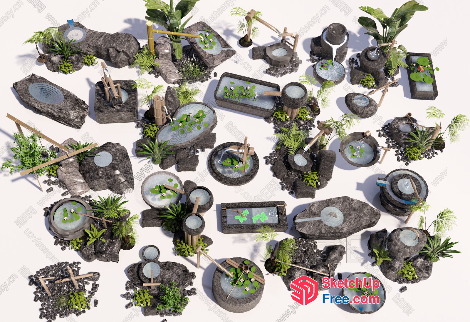 Asian-Inspired Water Feature And Decorative Plant Arrangement 3D SketchUp File