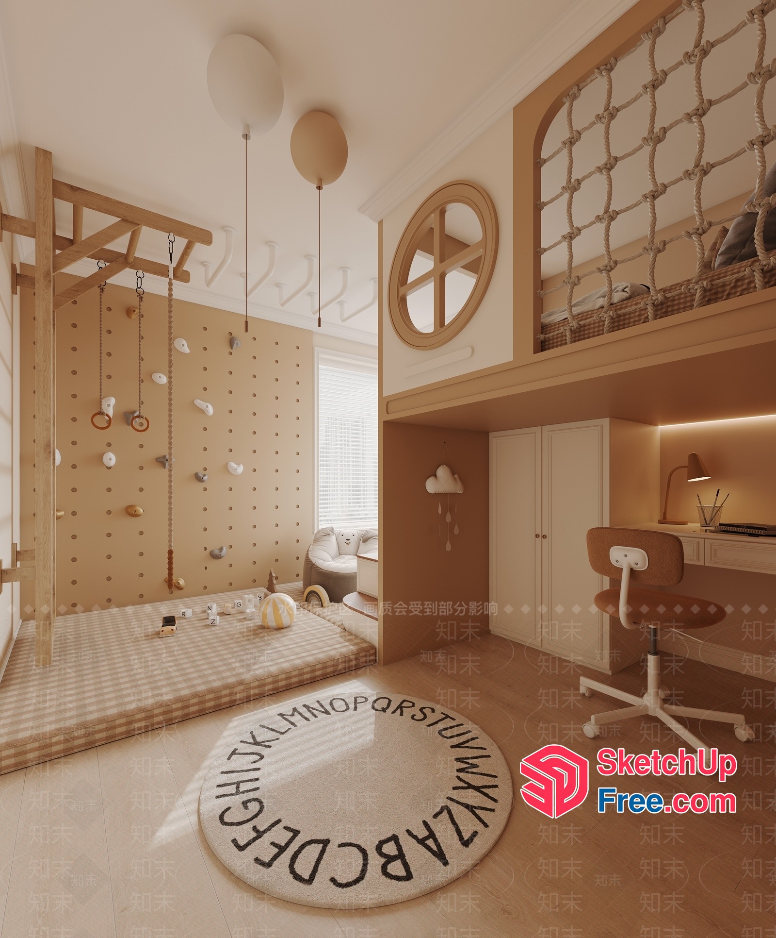 Child-Friendly Playroom With Rope Climbing Wall And Cozy Reading Nook 3D SketchUp File