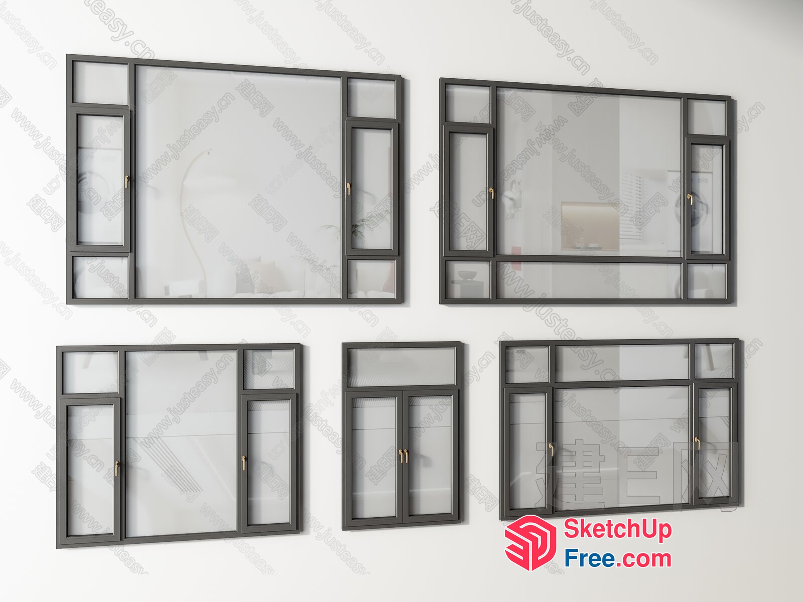 Modern Grey Window Frames With Clear Glass Panes 3D SketchUp File
