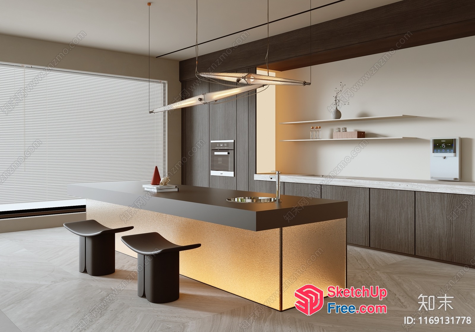 Modern Minimalist Kitchen With Island And Stools 3D SketchUp File