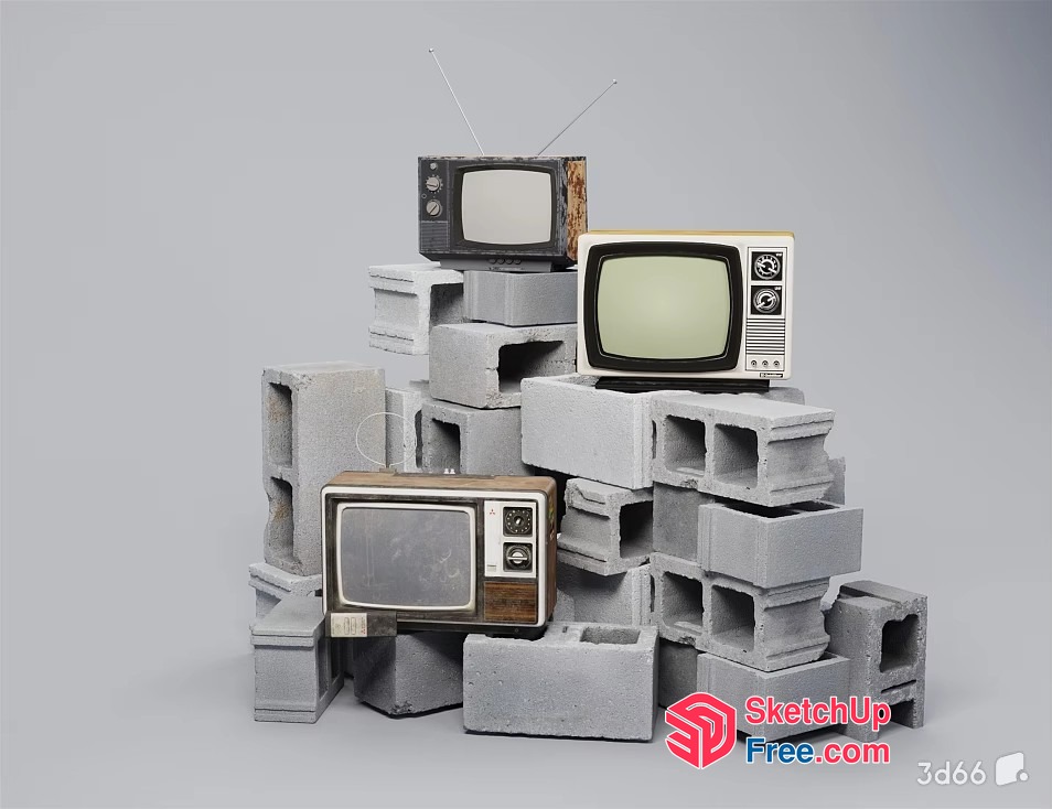 Vintage Televisions On A Pile Of Concrete Blocks 3D SketchUp File