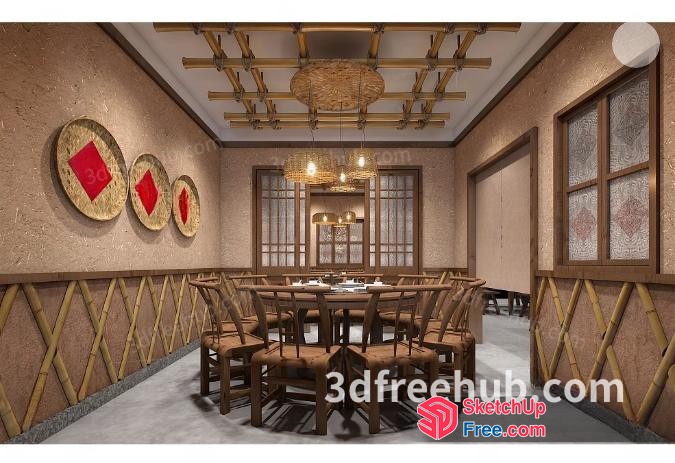 Japanese-Style Dining Room With Rattan Furniture And Decorative Elements 3D SketchUp File