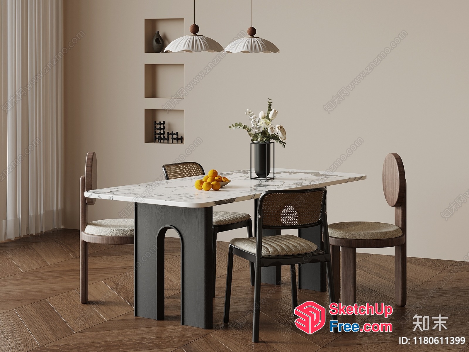 Elegant Dining Room With Marble Table And Wood Chairs 3D SketchUp File