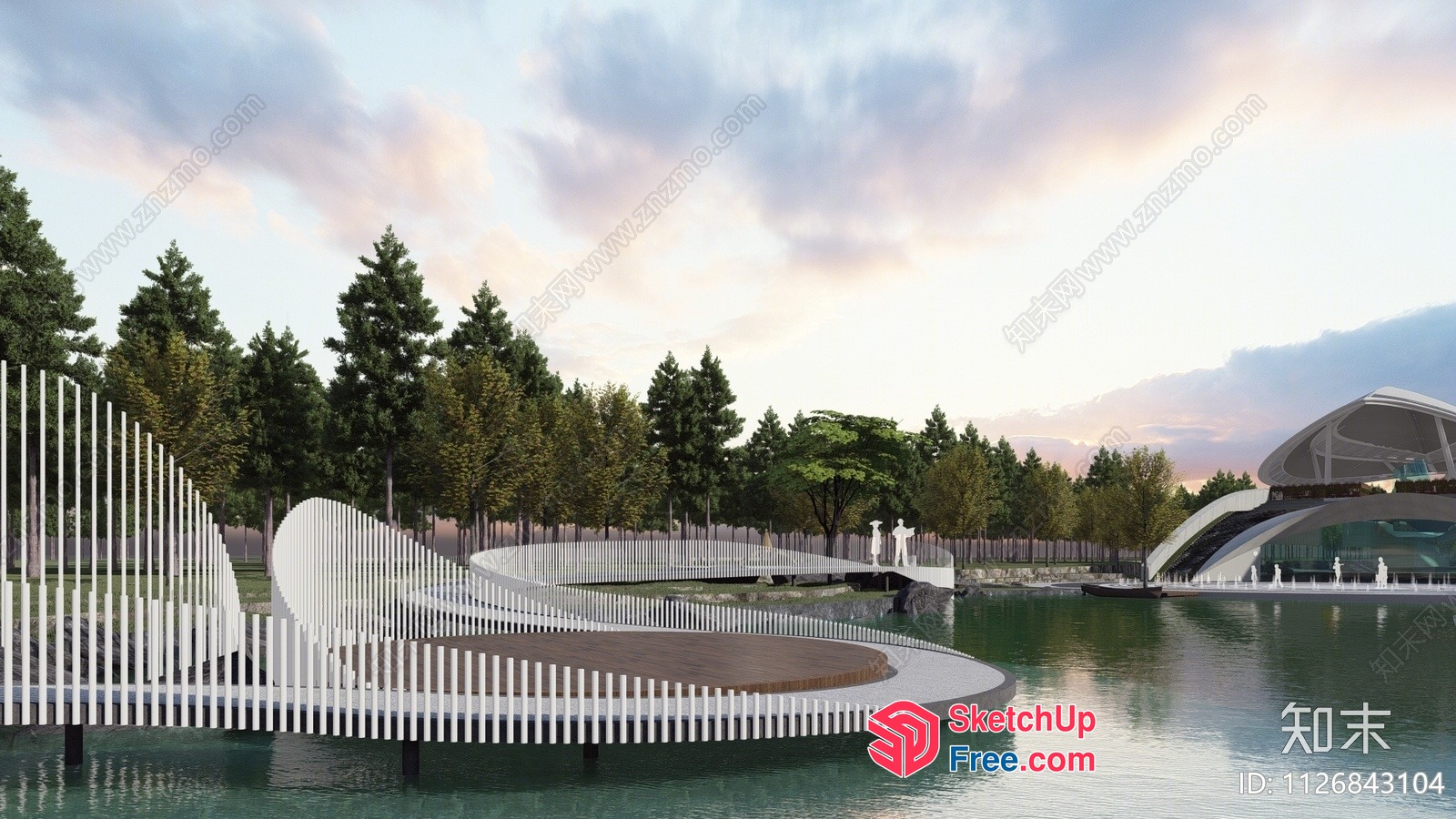 Futuristic Modern White Bridge And Building By Water 3D SketchUp File