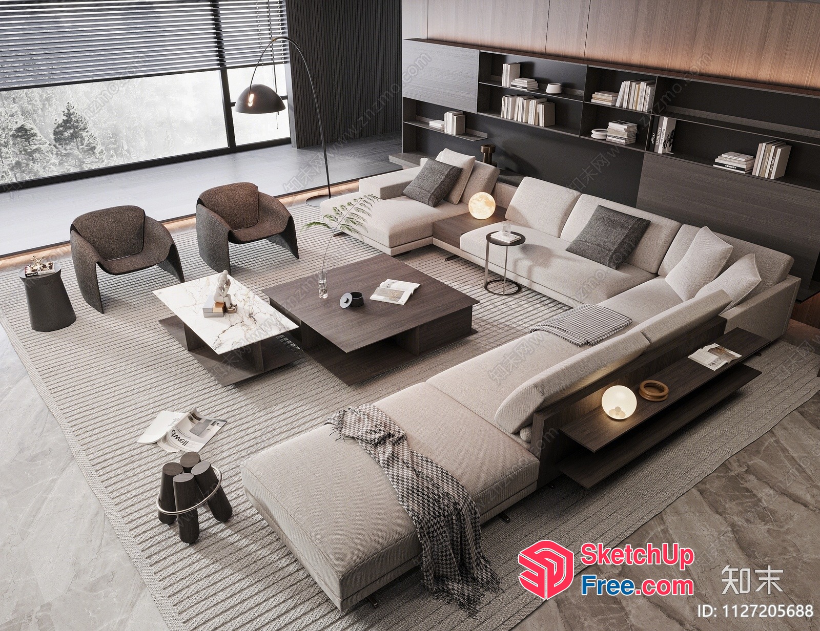 Modern Minimalist Living Room With L-Shaped Sofa And Coffee Tables 3D SketchUp File